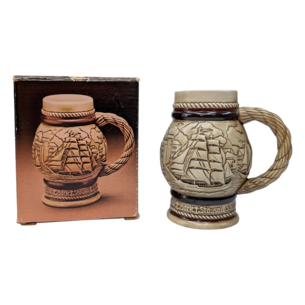 Vtg Avon Tall Ships Ceramic Stein Cream Bark Staysail Schooner 1982 with Box